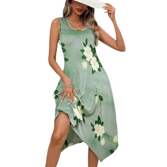 HOTOUCH Midi Dress Sundres Green Floral Pockets Sleeveless Hankerchief Hem Small - Picture 10 of 13